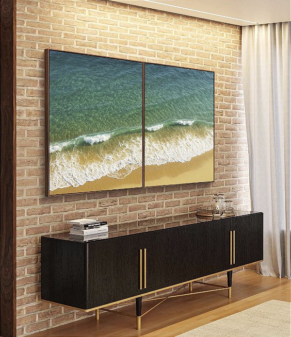 Duo de Quadros Mar Calmo Turquesa Praia Natureza Canvas Moldura