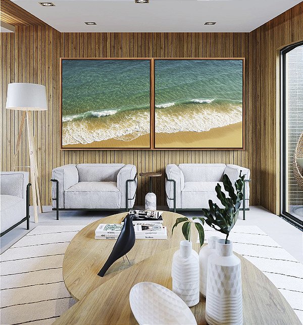 Duo de Quadros Quadrados Mar Calmo Turquesa Praia Natureza Canvas Moldura