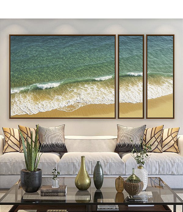 Trio de Quadros Estilizados Mar Calmo Turquesa Praia Natureza Canvas Moldura