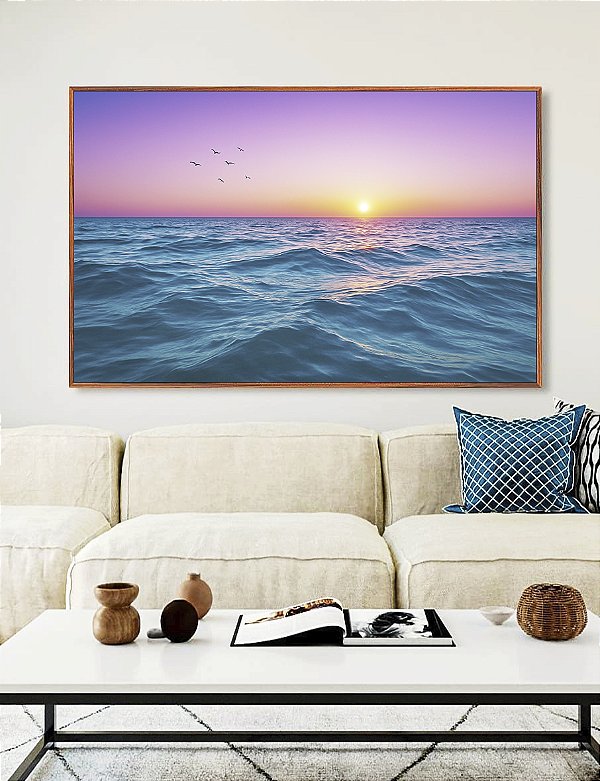 Quadro Horizontal Mar Azul Ondulado Céu Rosa Natureza Canvas Moldura