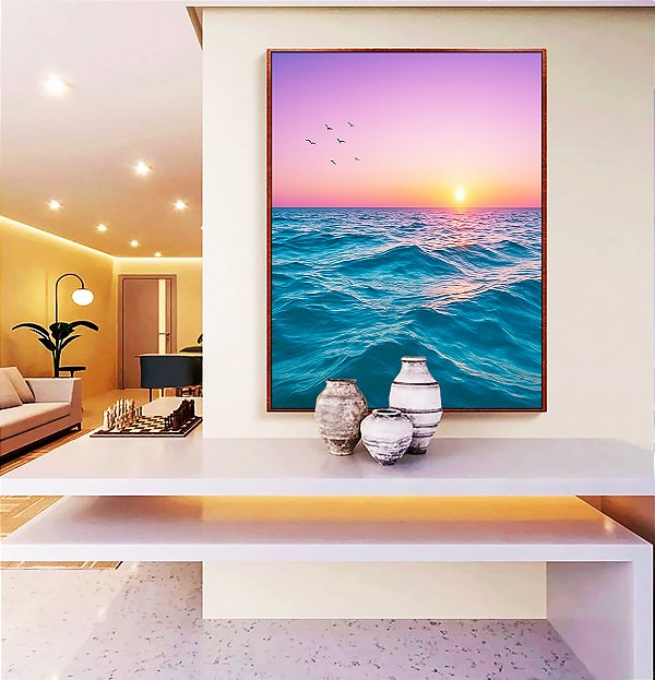 Quadro Vertical Mar Azul Ondulado Céu Rosa Natureza Canvas Moldura