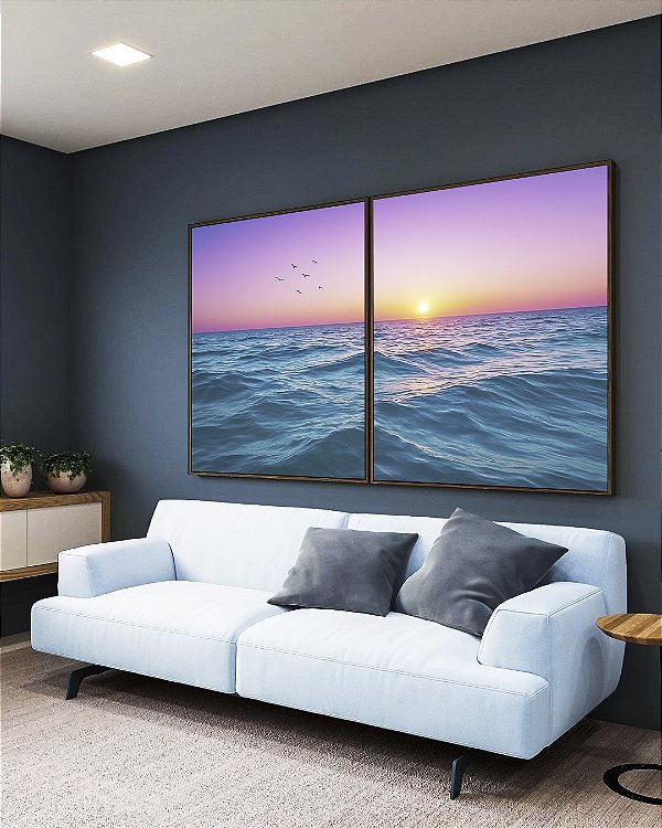 Duo de Quadros Mar Azul Ondulado Céu Rosa Natureza Canvas Moldura
