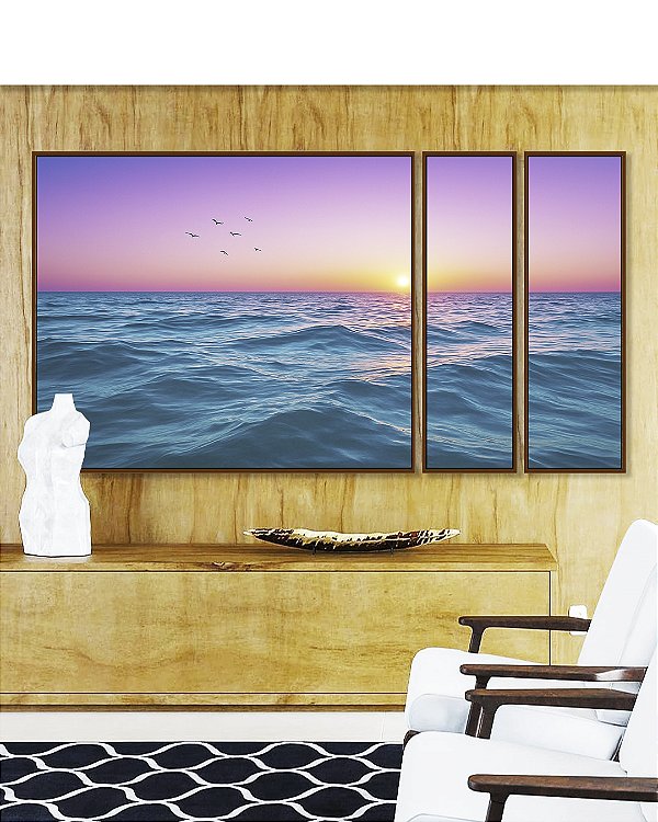 Trio de Quadros Estilizados Mar Azul Ondulado Céu Rosa Natureza Canvas Moldura