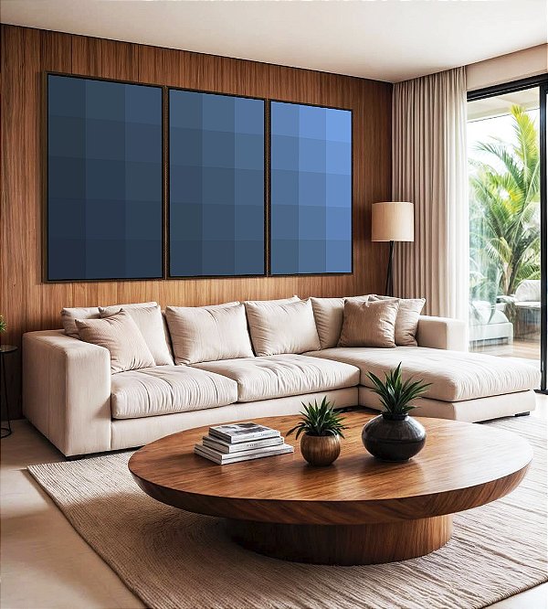 Trio de Quadros Abstrato Geométrico Degradê Azul Canvas Moldura