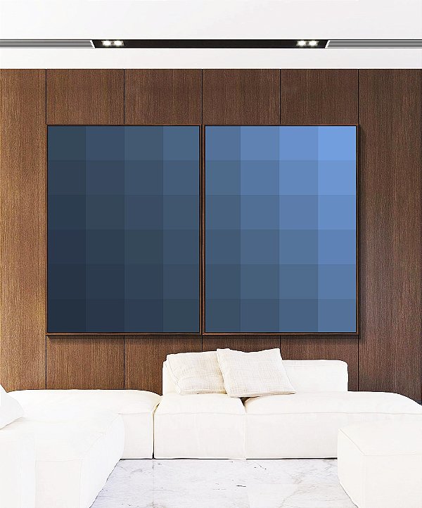 Duo de Quadros Abstrato Geométrico Degradê Azul Canvas Moldura
