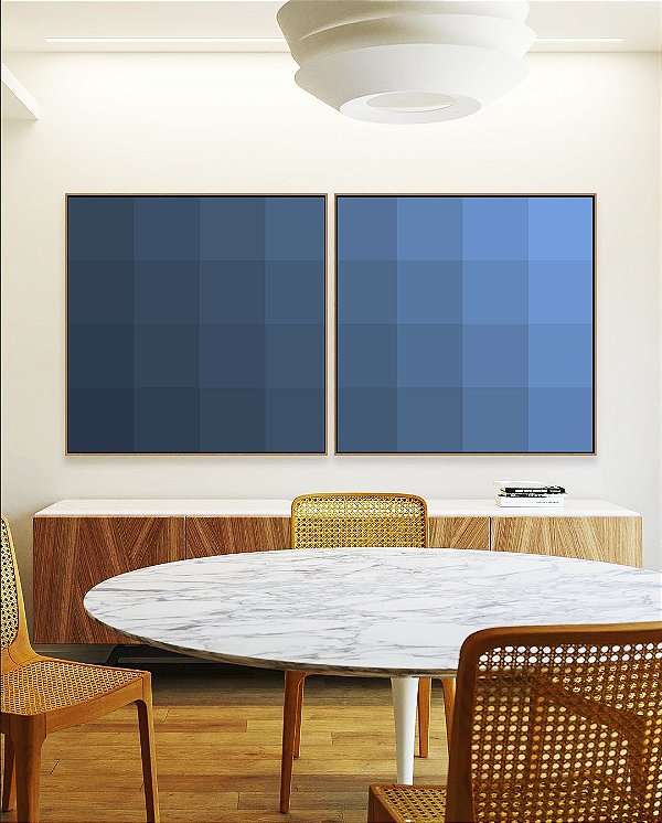 Duo de Quadros Quadrados Abstrato Geométrico Degradê Azul Canvas Moldura