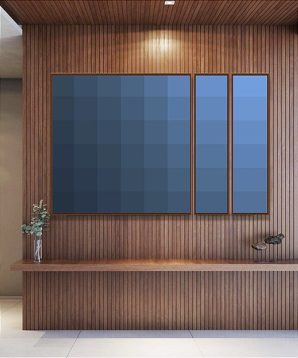 Trio de Quadros Estilizados Abstrato Geométrico Degradê Azul Canvas Moldura