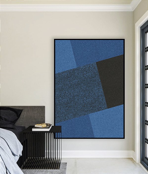 Quadro Vertical Abstrato Geométrico Minimalista Azul Canvas Moldura