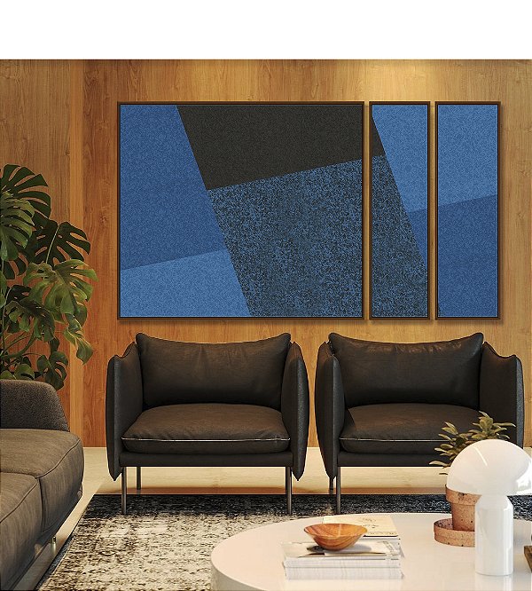 Trio de Quadros Estilizados Abstrato Geométrico Minimalista Azul Canvas Moldura