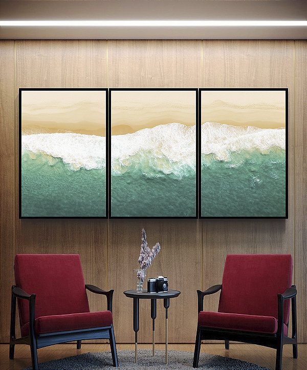 Trio de Quadros Praia Mar Turquesa Litoral Natureza Canvas Moldura