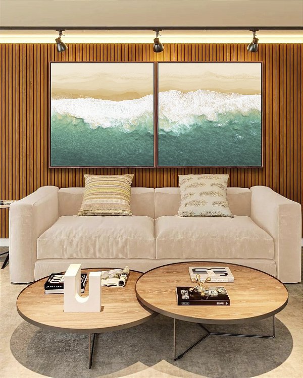 Duo de Quadros Quadrados Praia Mar Turquesa Litoral Natureza Canvas Moldura