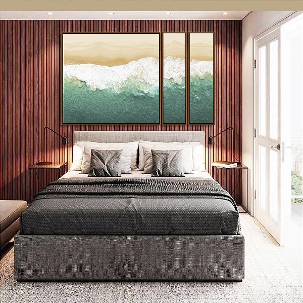 Trio de Quadros Estilizados Praia Mar Turquesa Litoral Natureza Canvas Moldura
