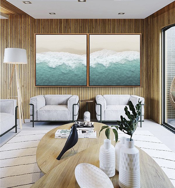 Duo de Quadros Quadrados Mar Turquesa Calmo Praia Clara Litoral Canvas Moldura