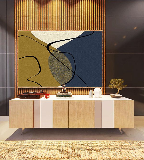 Quadro Horizontal Abstrato Minimalista Azul Amarelo Ouro Canvas Moldura