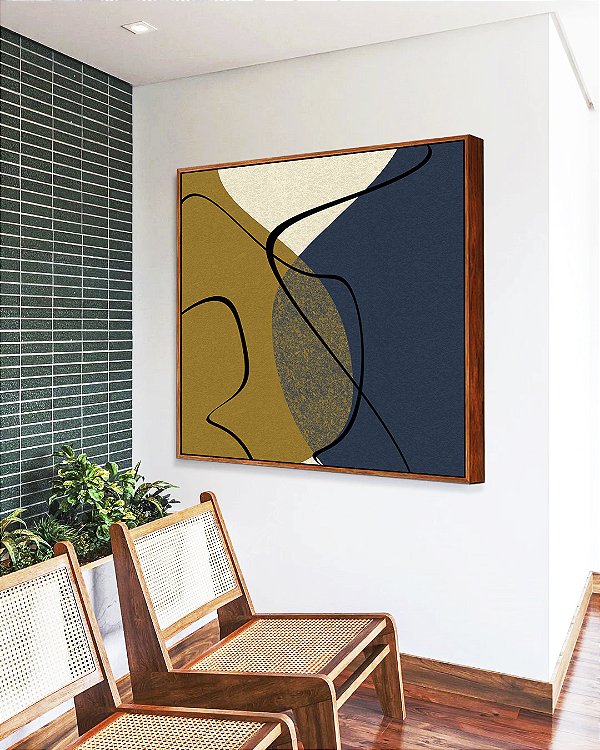 Quadro Quadrado Abstrato Minimalista Azul Amarelo Ouro Canvas Moldura