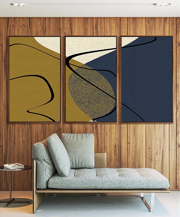 Trio de Quadros Abstrato Minimalista Azul Amarelo Ouro Canvas Moldura