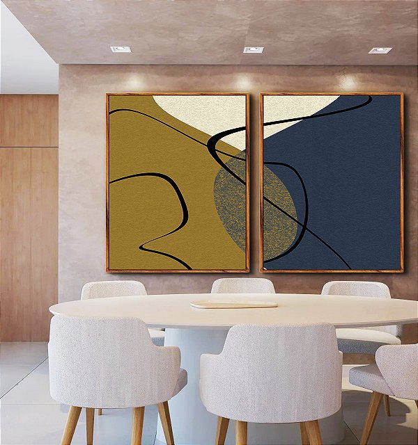 Duo de Quadros Abstrato Minimalista Azul Amarelo Ouro Canvas Moldura