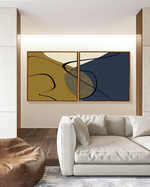 Duo de Quadros Quadrados Abstrato Minimalista Azul Amarelo Ouro Canvas Moldura