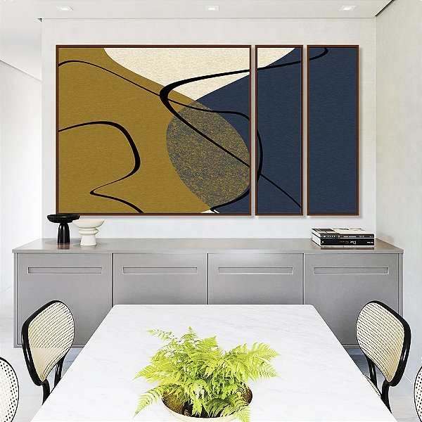 Trio de Quadros Estilizados Abstrato Minimalista Azul Amarelo Ouro Canvas Moldura