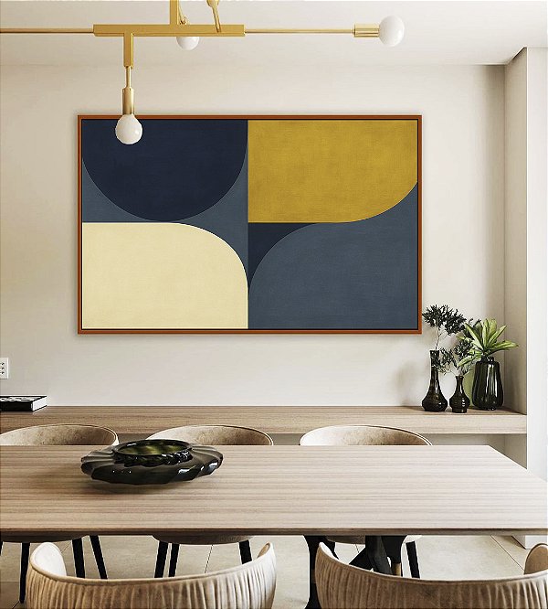 Quadro Horizontal Abstrato Minimalista Azul Amarelo Ouro Marfim Canvas Moldura