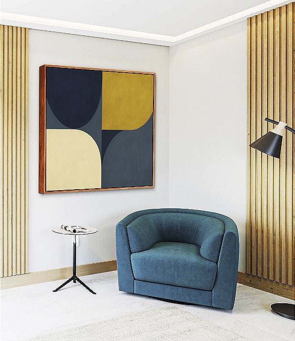 Quadro Quadrado Abstrato Minimalista Azul Amarelo Ouro Marfim Canvas Moldura