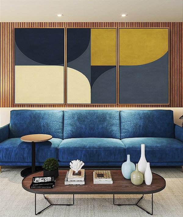 Trio de Quadros Abstrato Minimalista Azul Amarelo Ouro Marfim Canvas Moldura
