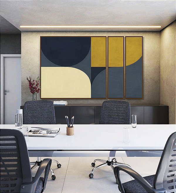 Trio de Quadros Estilizados Abstrato Minimalista Azul Amarelo Ouro Marfim Canvas Moldura