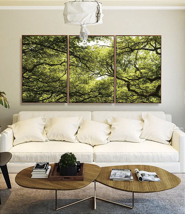 Trio de Quadros Natureza Folhas Verdes Árvores Floresta Paisagem Canvas Moldura