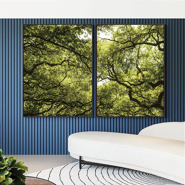 Duo de Quadros Natureza Folhas Verdes Árvores Floresta Paisagem Canvas Moldura