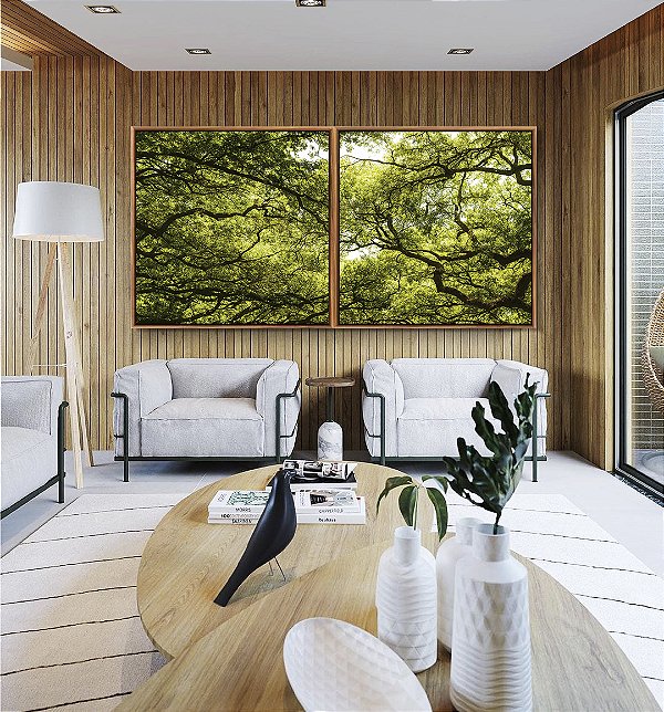 Duo de Quadros Quadrados Natureza Folhas Verdes Árvores Floresta Paisagem Canvas Moldura