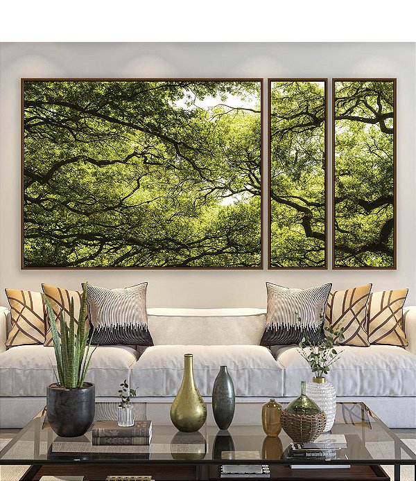 Trio de Quadros Estilizados Natureza Folhas Verdes Árvores Floresta Paisagem Canvas Moldura