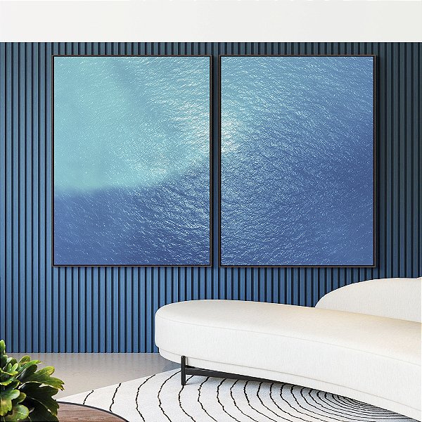 Duo de Quadros Mar Alto Azul Textura Natural Canvas Moldura