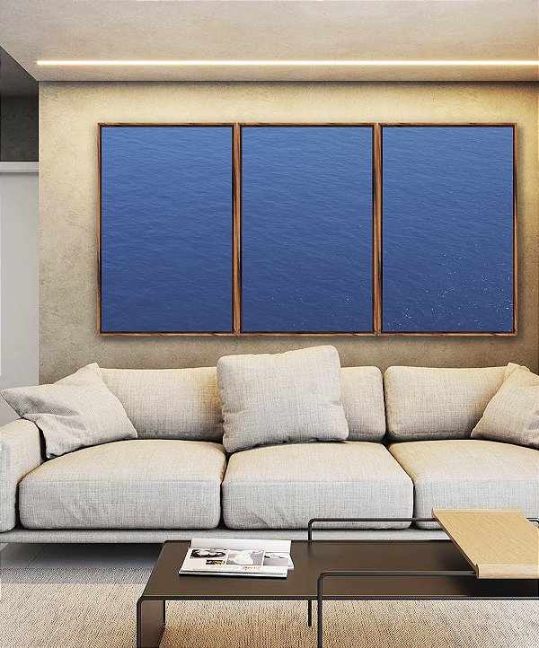 Trio de Quadros Oceano Mar Alto Azul Textura Natural Canvas Moldura