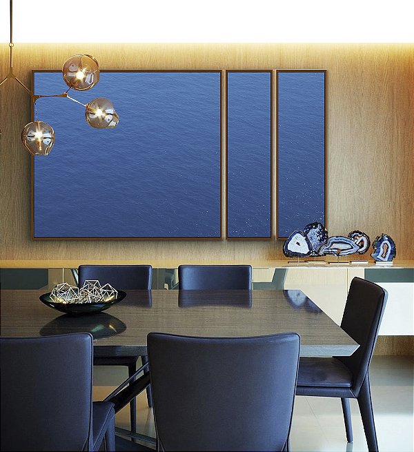Trio de Quadros Estilizados Oceano Mar Alto Azul Textura Natural Canvas Moldura
