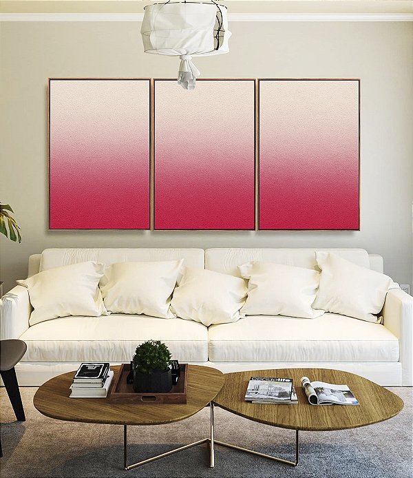 Trio de Quadros Abstrato Degradê Marfim Rosa Textura Canvas Moldura
