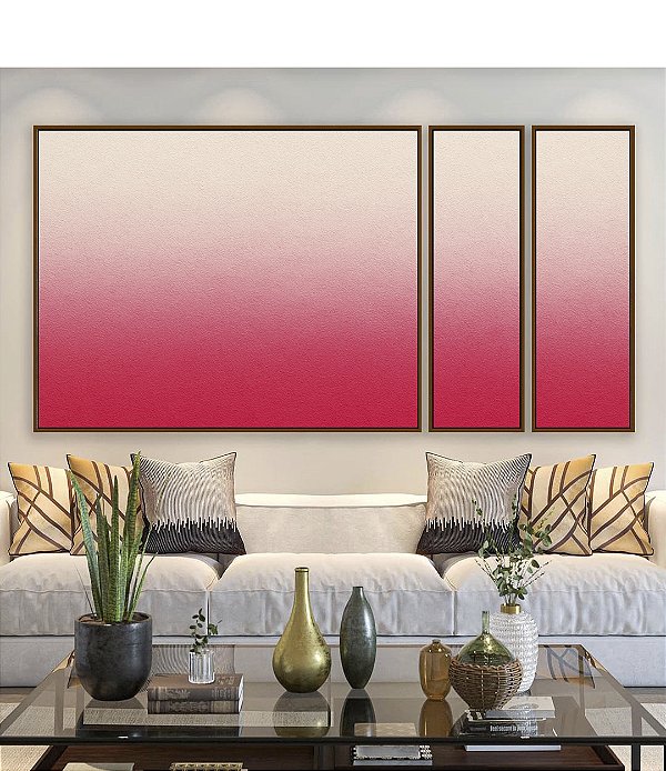 Trio de Quadros Estilizados Abstrato Degradê Marfim Rosa Textura Canvas Moldura