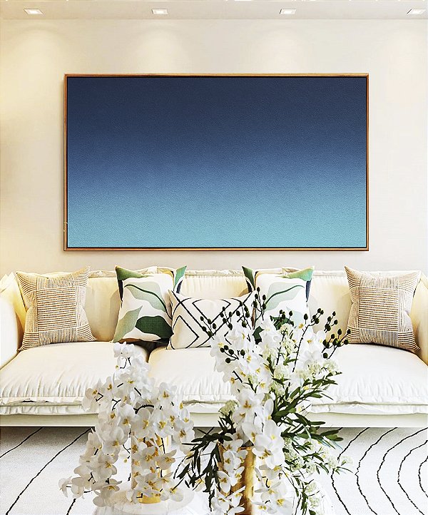 Quadro Horizontal Abstrato Degradê Tons de Azul Textura Canvas Moldura