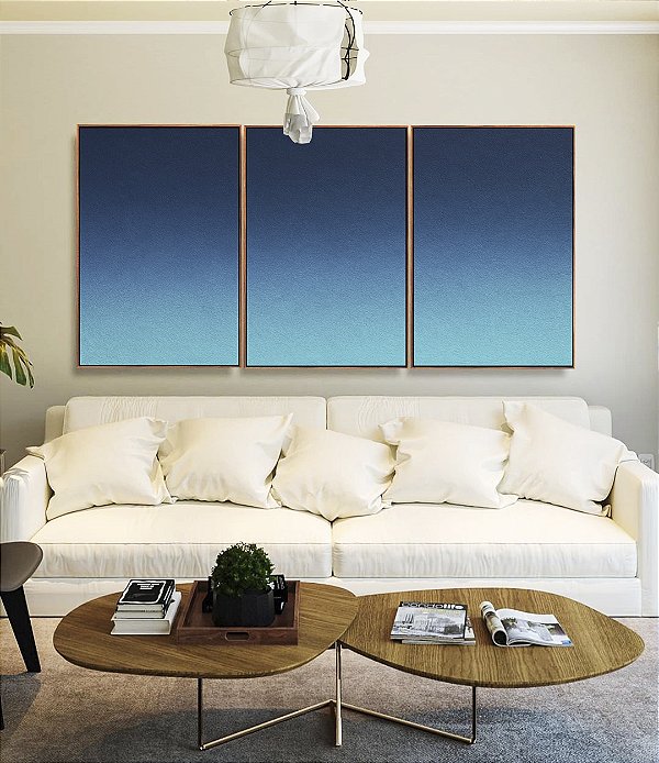 Trio de Quadros Abstrato Degradê Tons de Azul Textura Canvas Moldura