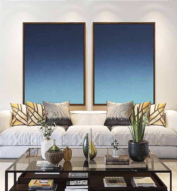 Duo de Quadros Abstrato Degradê Tons de Azul Textura Canvas Moldura