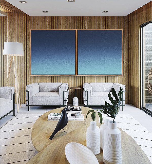 Duo de Quadros Quadrados Abstrato Degradê Tons de Azul Textura Canvas Moldura