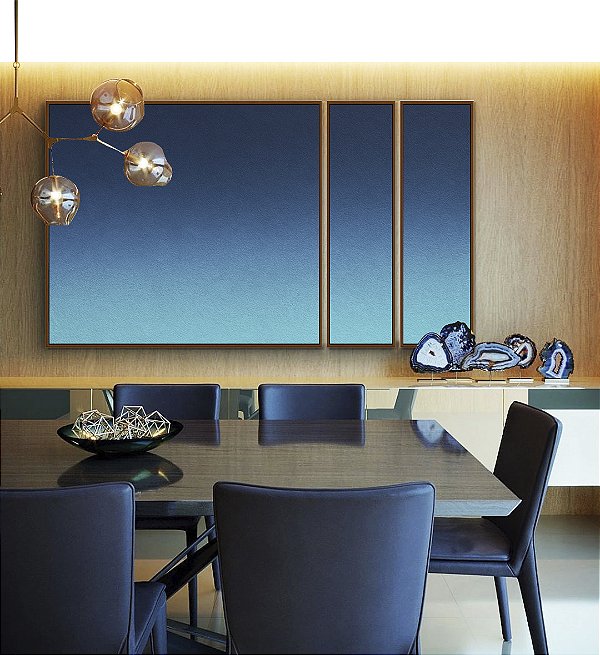 Trio de Quadros Estilizados Abstrato Degradê Tons de Azul Textura Canvas Moldura