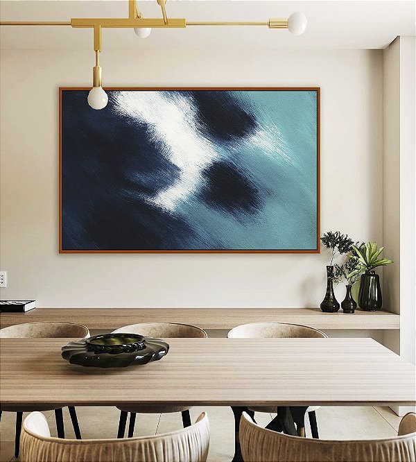 Quadro Horizontal Abstrato Azul Turquesa Branco Canvas Moldura