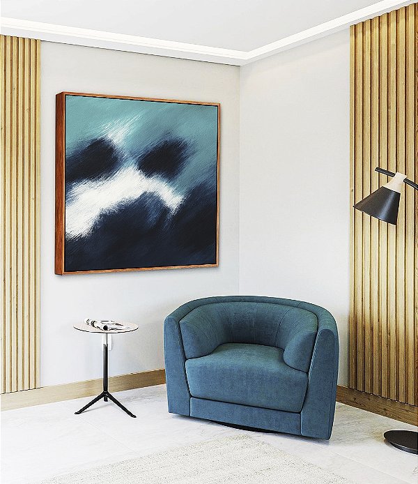 Quadro Quadrado Abstrato Azul Turquesa Branco Canvas Moldura