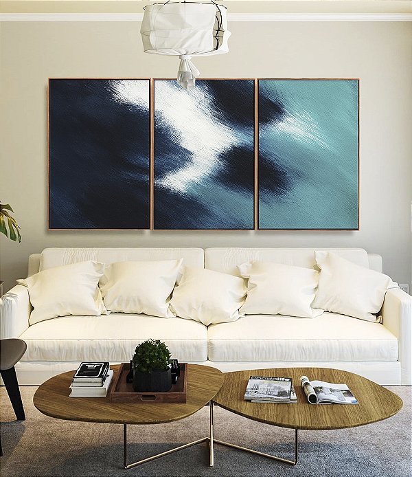 Trio de Quadros Abstrato Azul Turquesa Branco Canvas Moldura