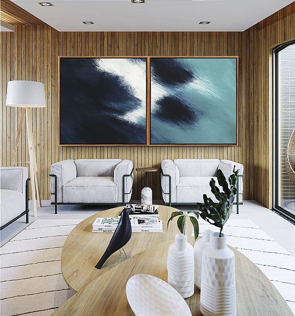 Duo de Quadros Quadrados Abstrato Azul Turquesa Branco Canvas Moldura