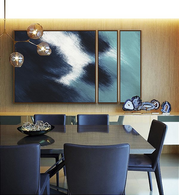Trio de Quadros Estilizados Abstrato Azul Turquesa Branco Canvas Moldura