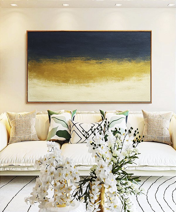 Quadro Horizontal Abstrato Azul Dourado Marfim Canvas Moldura