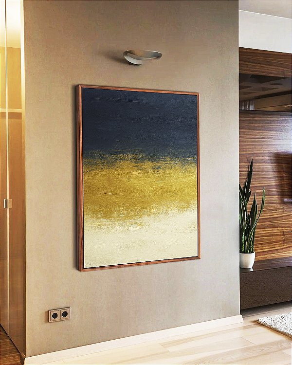 Quadro Vertical Abstrato Azul Dourado Marfim Canvas Moldura