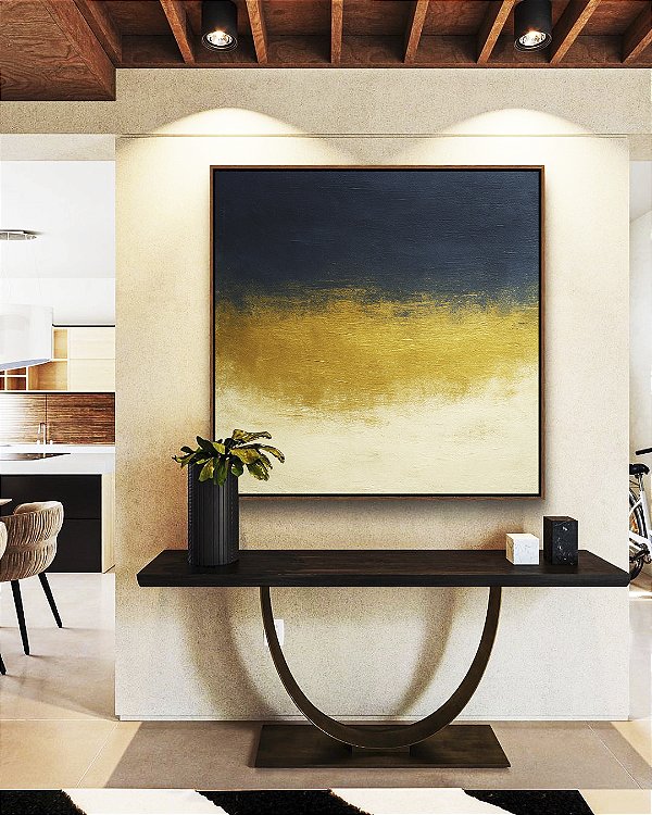 Quadro Quadrado Abstrato Azul Dourado Marfim Canvas Moldura