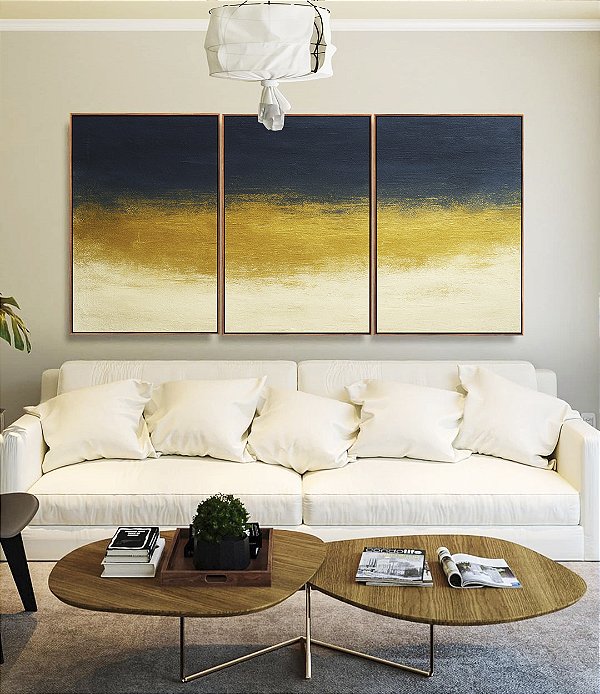 Trio de Quadros Abstrato Azul Dourado Marfim Canvas Moldura